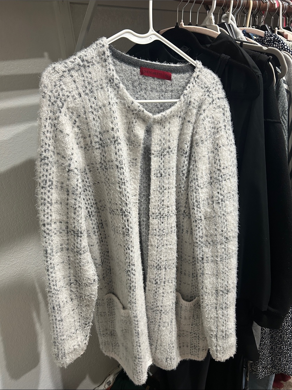 Fuzzy Open-Front Cardigan in White and Gray by Scarlett